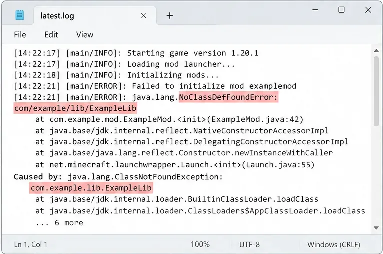 Illustrative text log with NoClassDefFoundError and the missing class highlighted beside a Caused by line