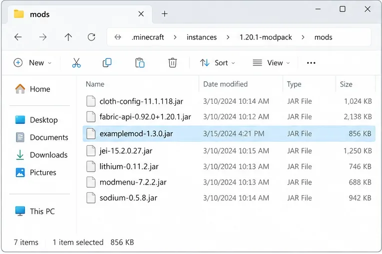Illustrative mod instance folder with a recently added JAR selected for isolation