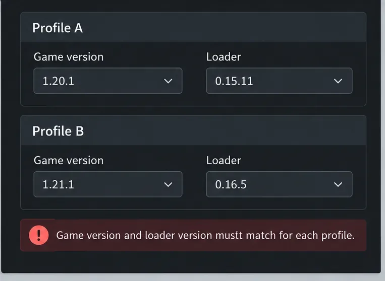 Illustrative profile comparison showing separate Minecraft game and mod-loader version fields
