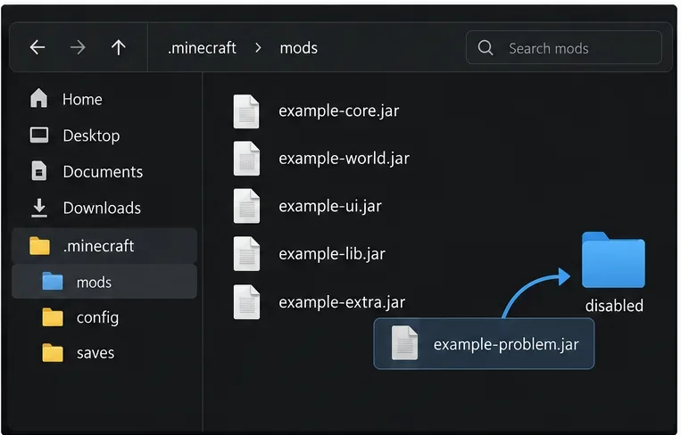 Example mods folder with one suspected jar moved into a separate disabled folder