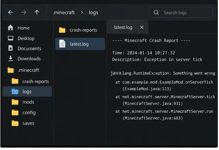 Example file manager and text viewer showing crash-reports, logs/latest.log, and a sample stack trace