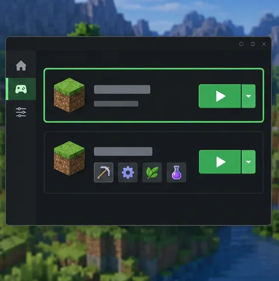 Profilurile Minecraft separate, curate și modificate, sunt afișate într-o fereastră de tip launcher.
