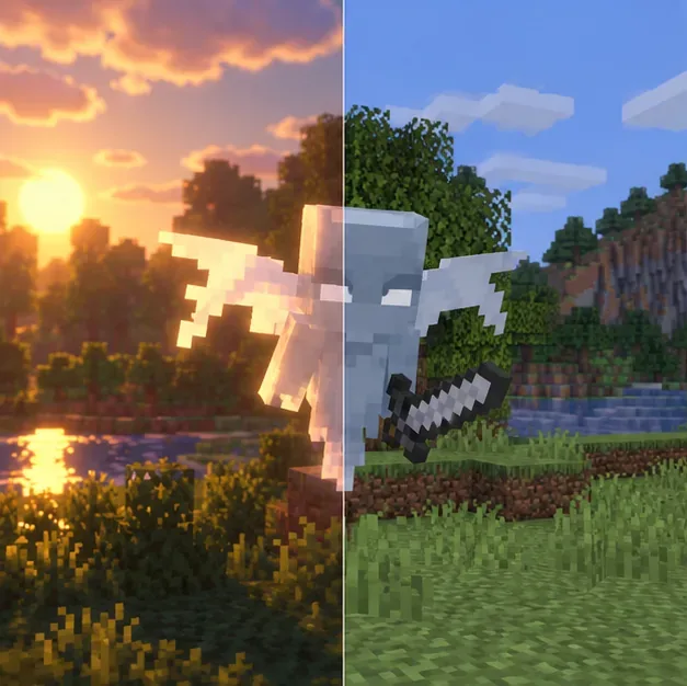 A side-by-side Vex scene compares warm shader bloom with neutral, sharply rendered lighting