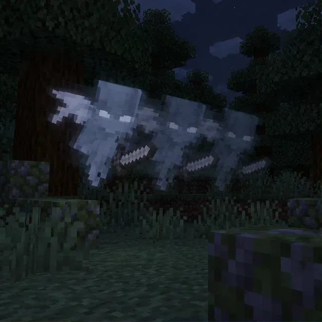 A winged Vex-like mob appears as several offset translucent silhouettes in a dark forest