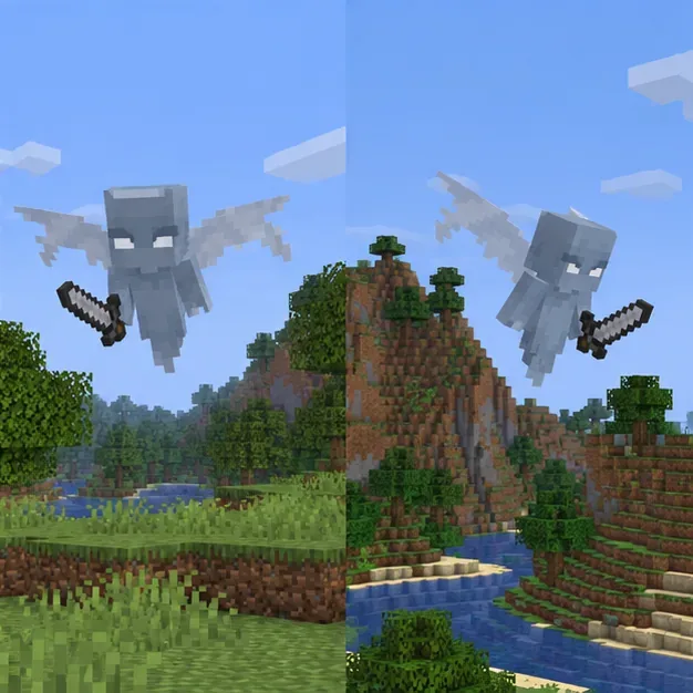 Two matching views of a grassy voxel world each show a single clear winged mob