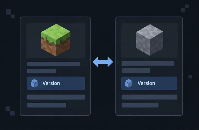 Schematic version cards showing a Minecraft client and server being compared
