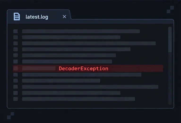 Schematic dark log window with the word DecoderException highlighted in a latest.log tab