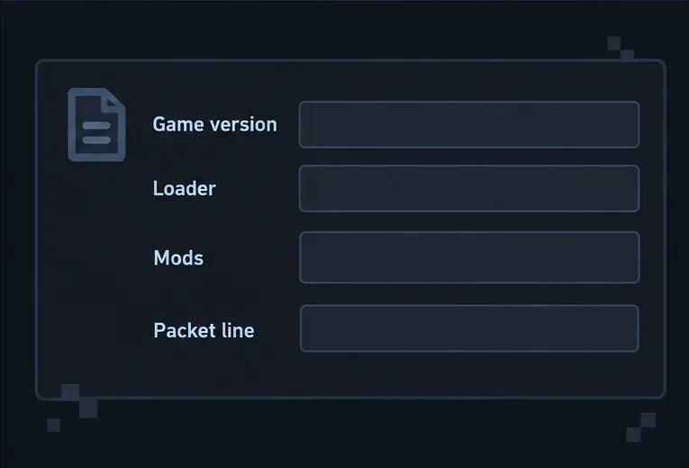 Schematic diagnostic report with fields for game version, loader, mods, and packet line