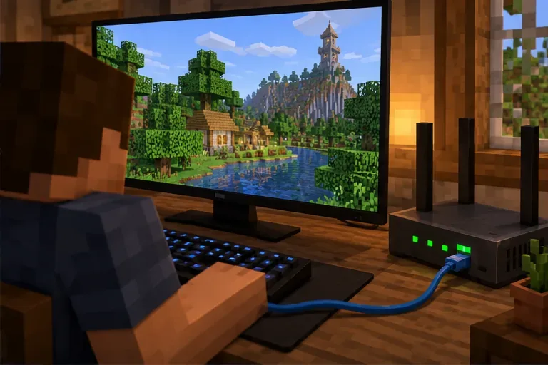 Gaming computer connected by Ethernet to a router while displaying a Minecraft world.