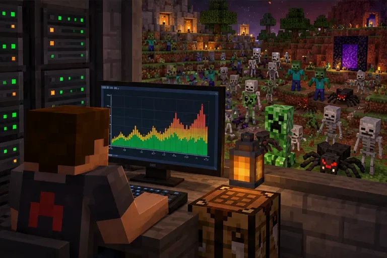 Server operator monitor showing a performance graph beside a crowded Minecraft mob scene.