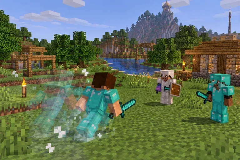 Minecraft multiplayer scene with a translucent player trail behind a moving character, illustrating rubber-banding.