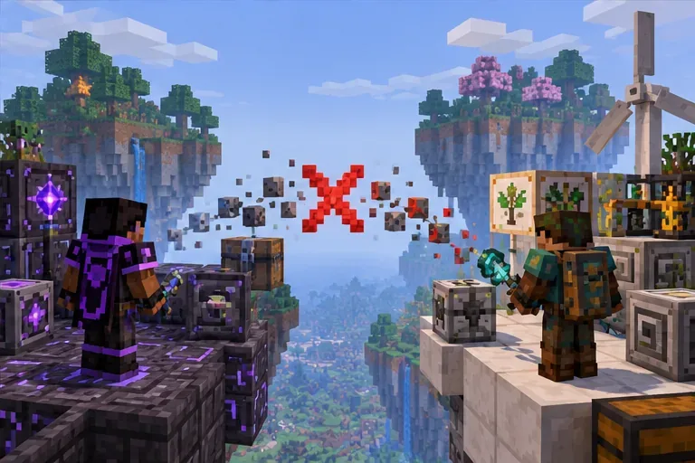 Two modded Minecraft scenes separated by a broken connection symbol, with different blocks and items on each side.