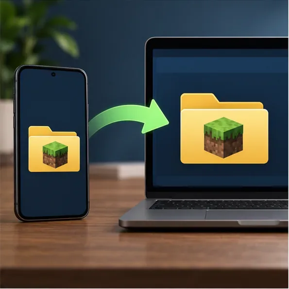 A phone and laptop with a Minecraft-style world folder being copied from the phone to the computer