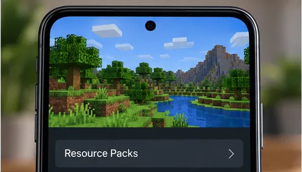 A mobile game world preview with the Resource Packs menu entry visible