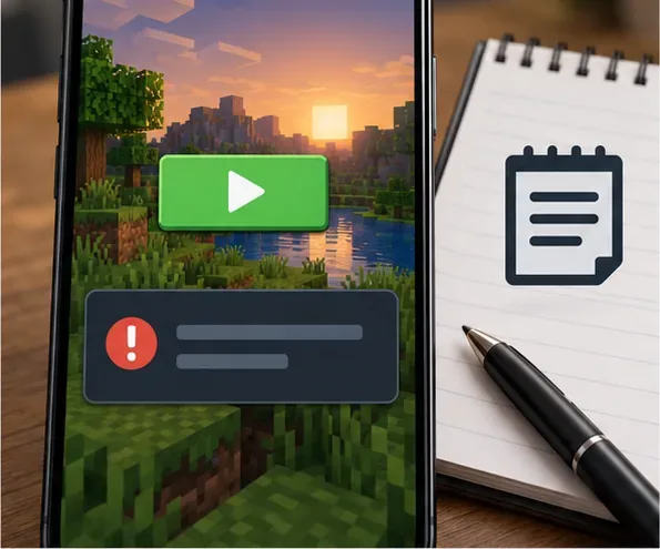 A phone displaying a generic game error panel beside a notepad for recording the exact message