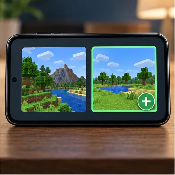 Two saved-world previews on a phone, with a plus sign beside the separate new-world option