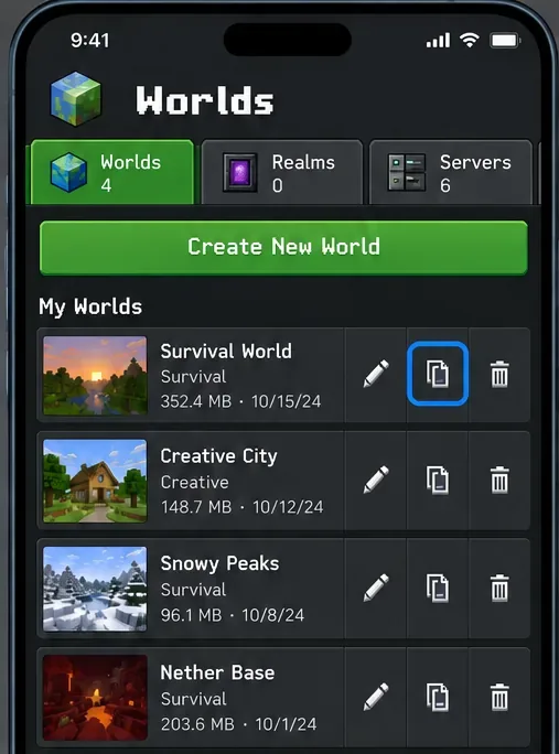 Minecraft Bedrock Worlds screen with the copy control highlighted beside a saved world.