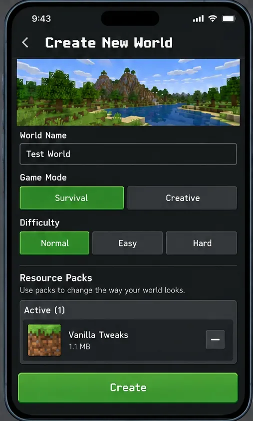 Create New World screen with one resource pack active for a clean test.