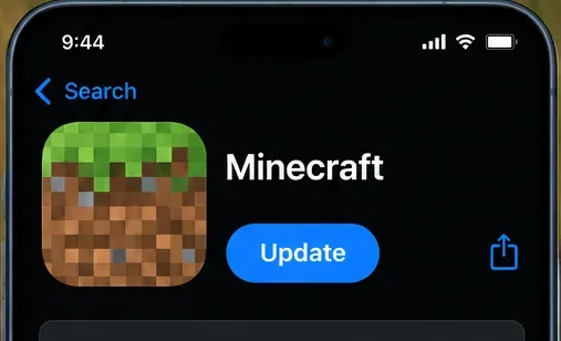 Mobile app store page for Minecraft with an Update button.