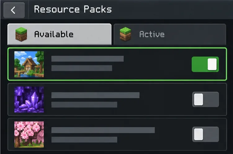 Resource Packs screen showing one pack enabled in the Available list while other packs remain off.