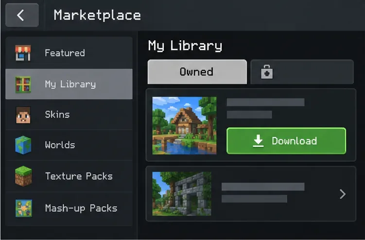 Minecraft Marketplace My Library page with a Download button for owned pack content.