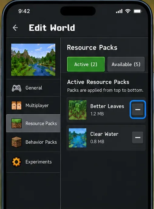 Minecraft Bedrock world editor on Resource Packs with the Active tab and a remove control beside one pack.