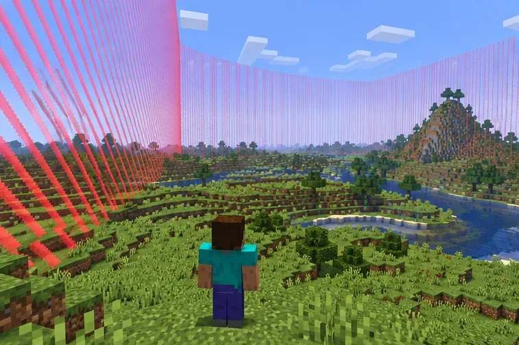 A Minecraft player looking toward a translucent red grid border across the plains.