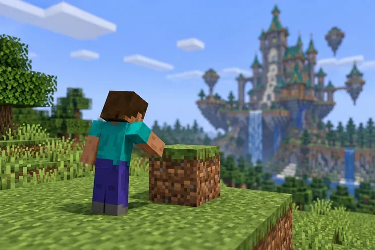 A player testing a dirt block on a grassy platform with a fantasy castle in the distance.