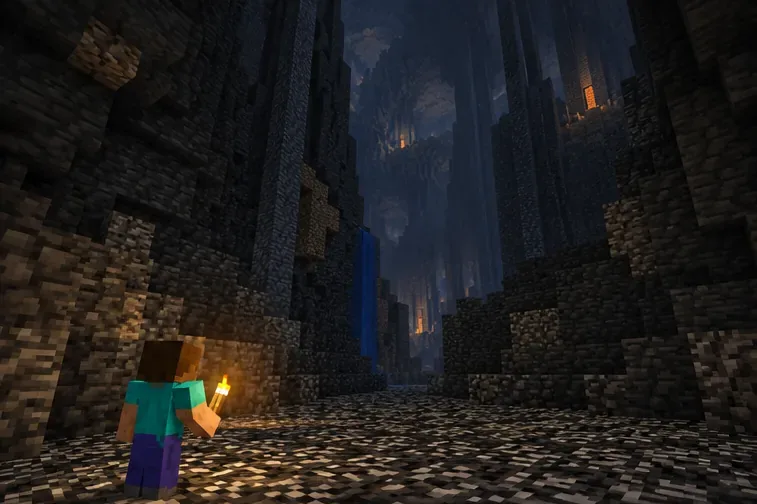 A Minecraft character exploring a deep deepslate cave lit by a torch.