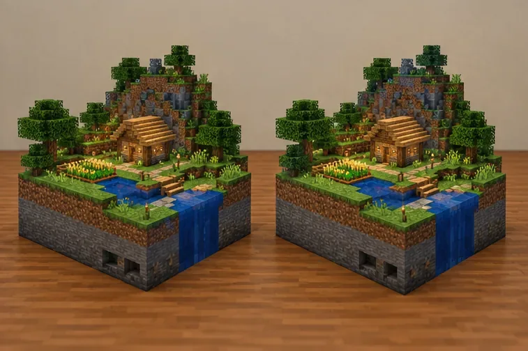 Two matching miniature Minecraft survival worlds displayed side by side.
