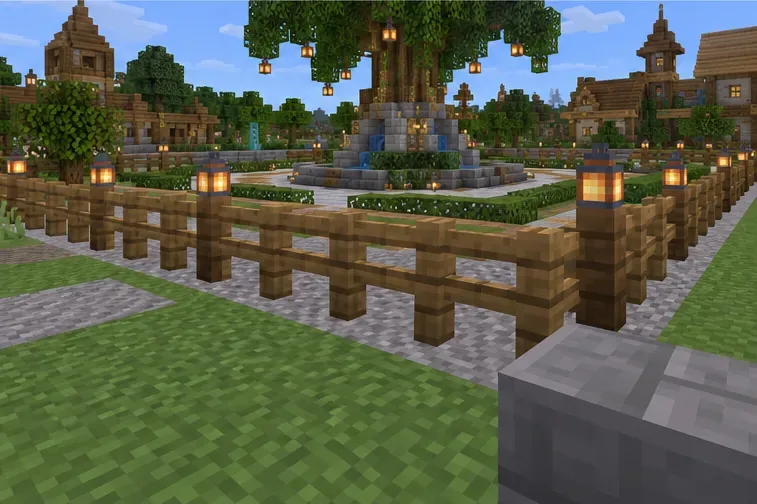 A fenced village plaza with a player holding a block outside the enclosed area.