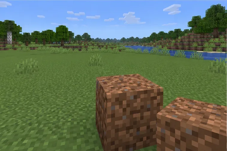A dirt block placed on a broad grassy Minecraft field away from any visible world border.