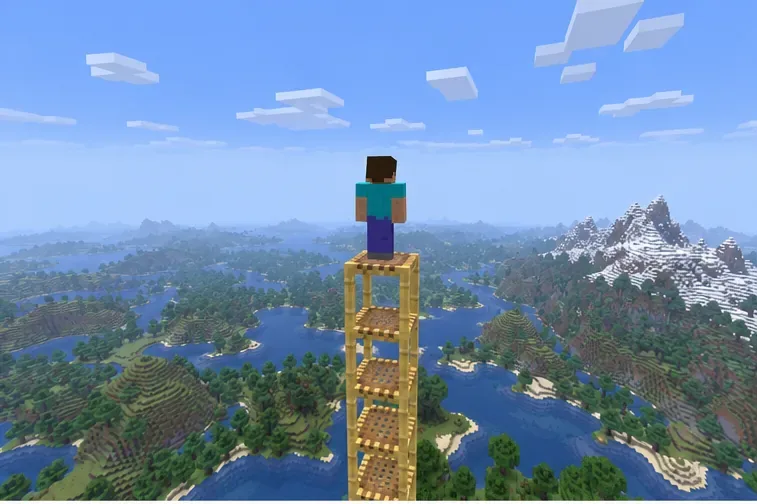 A Minecraft player standing on a tall scaffolding tower above a wide Overworld landscape.