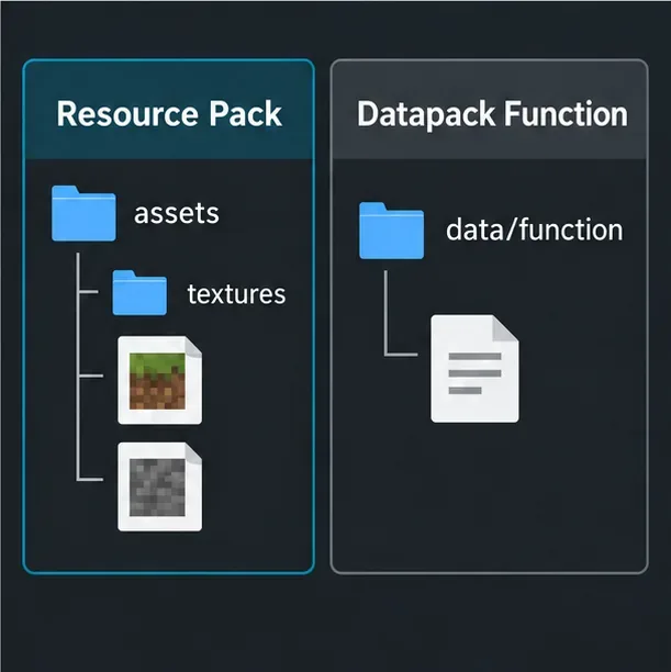 リソースパックのアセットとテクスチャ、およびJavaデータパック関数のデータ/関数を示す比較カード。