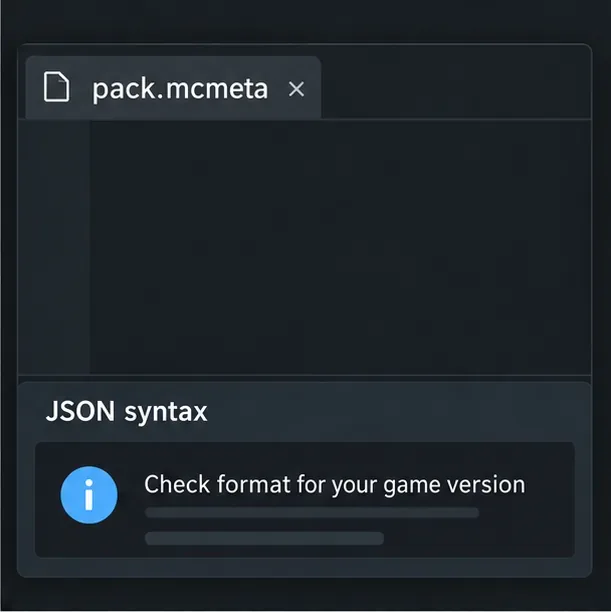 インストールされているゲームバージョンのJSON形式を確認するようにというメモの横にある、エディタで選択されたpack.mcmetaファイル。