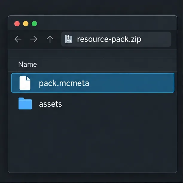 JavaリソースパックのZIPファイルをルートディレクトリから開くと、pack.mcmetaとassetsフォルダが並んで配置されていた。