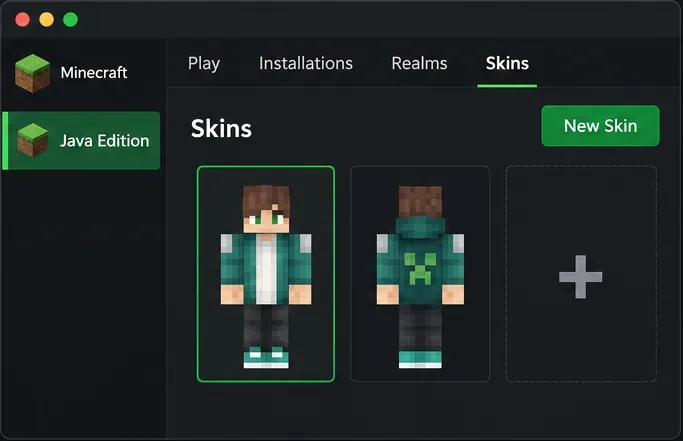 Lansatorul Minecraft ediție Java cu fila Skin-uri selectată și butonul Skin nou vizibil