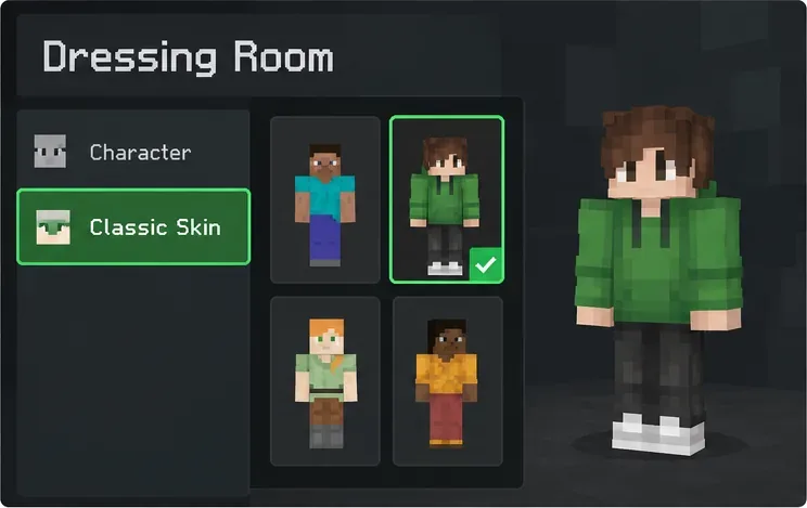Vestiar Minecraft Bedrock cu skin clasic selectat și o previzualizare personalizată a personajului