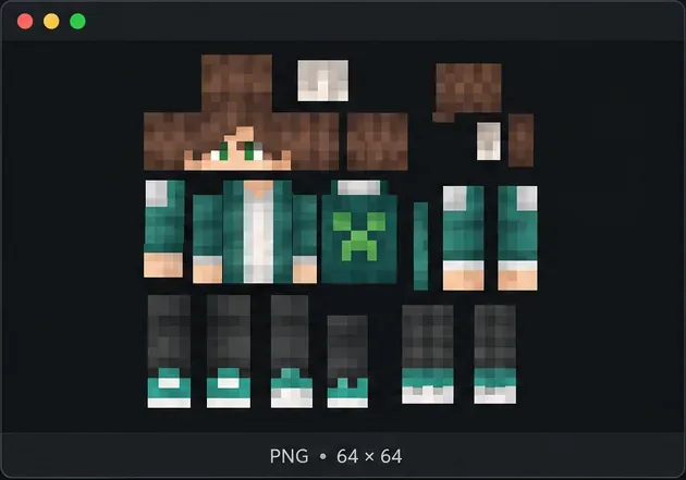 O textură plată a pielii Minecraft deschisă ca fișier PNG pe o pânză de 64 pe 64 de pixeli