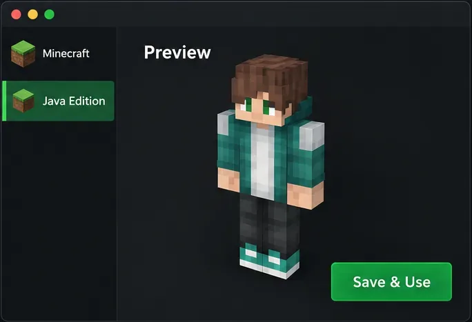 O previzualizare a personajului Minecraft corect mapat lângă butonul Salvare și utilizare