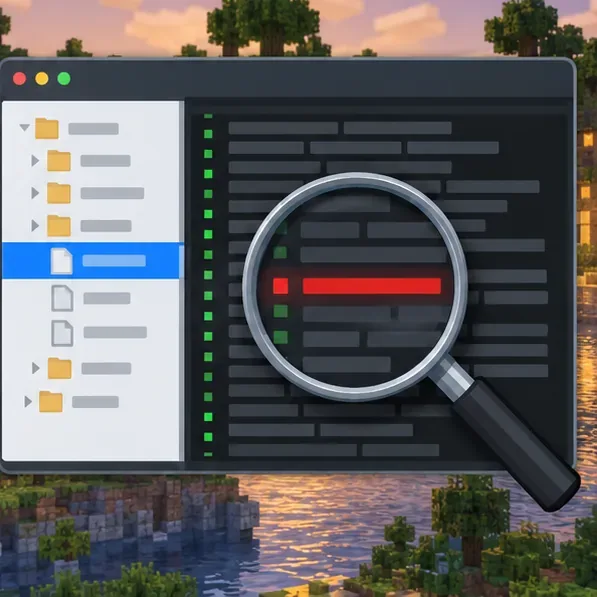 A file browser and log viewer highlight one network-related line for inspection