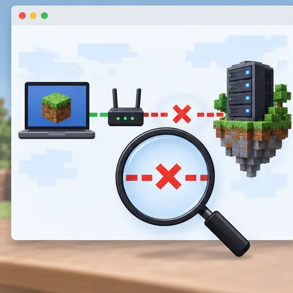 A connection diagram shows a player computer reaching a router before the route to the remote server breaks