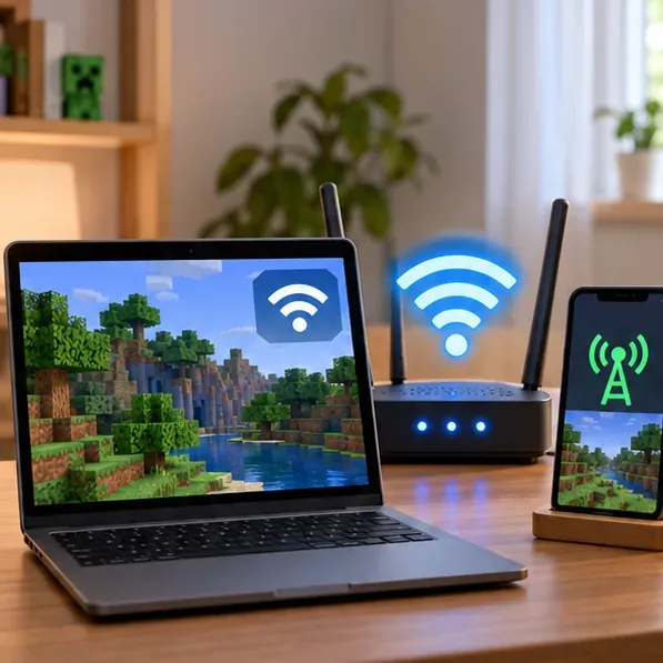 A laptop on home Wi-Fi sits beside a phone showing a separate hotspot signal
