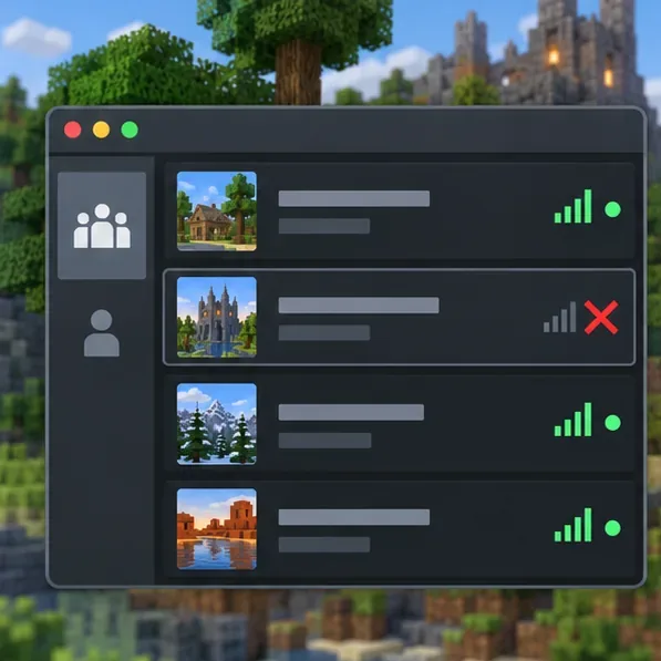 A Minecraft multiplayer list shows three green server indicators and one red disconnected row