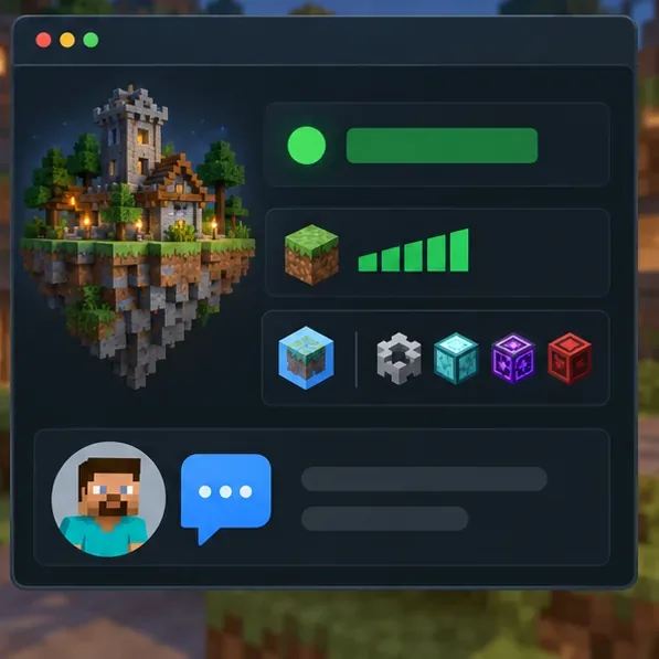 A server status panel shows an online indicator, version and mod icons, and a support chat symbol