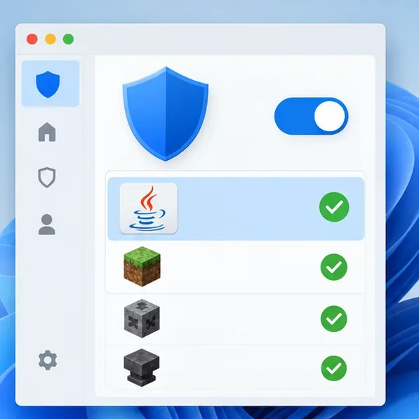 A security settings panel shows firewall protection enabled and Java listed with an allowed check mark