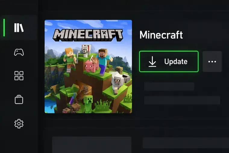 Xbox game library view with Minecraft selected and an Update action highlighted