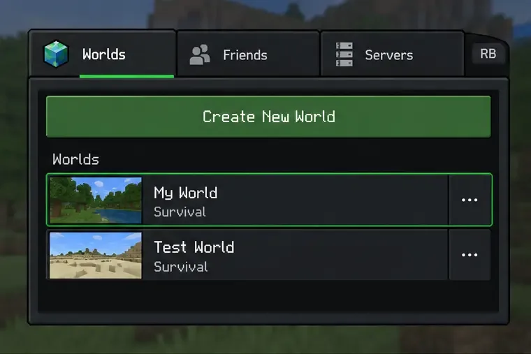 Illustrative Minecraft Bedrock Worlds list showing My World and a separate Test World