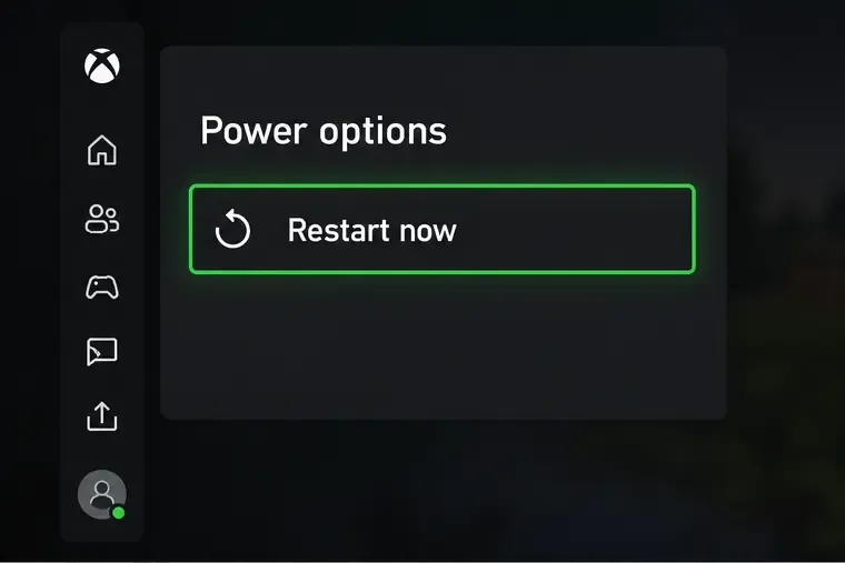 Xbox Power options screen with Restart now highlighted