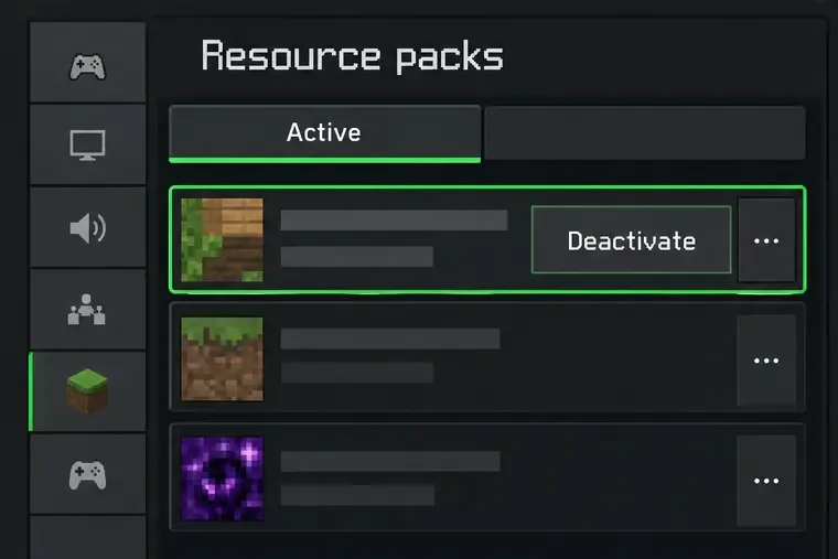 Illustrative Minecraft Bedrock Resource packs Active tab with one optional pack selected